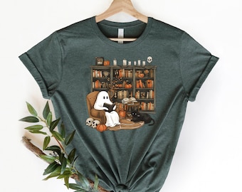Retro Ghost Reading Shirt, Librarian Halloween Teacher Tee