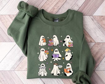 Sudadera de Halloween con diseño de profesor fantasma leyendo libros, regalo para bibliotecarios.