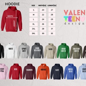a collection of hoodie designs in various colors and sizes, along with their corresponding measurements.