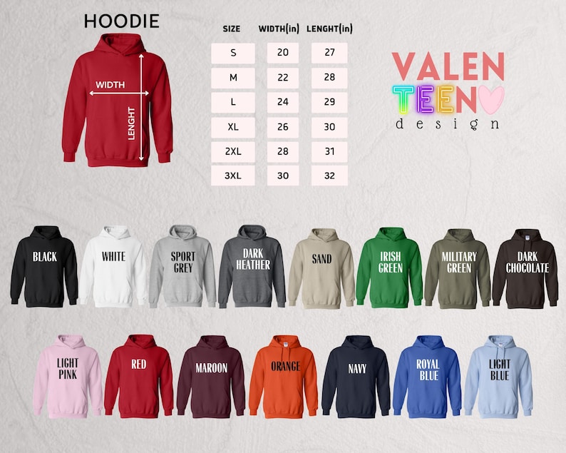 a collection of hoodie designs in various colors and sizes, along with their corresponding measurements.