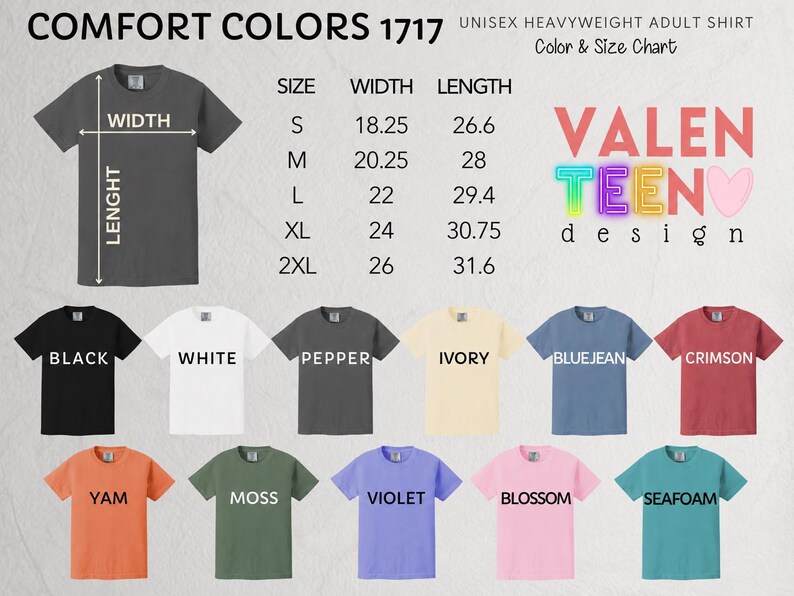 a collection of various adult t-shirts in different colors and sizes, along with their corresponding measurements.