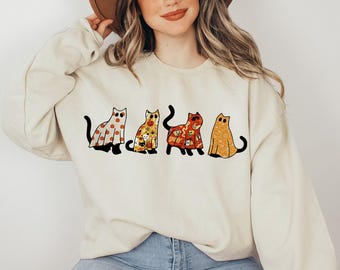Halloween Cat Ghost Sweatshirt, Spooky Season, Cat Lover Gift