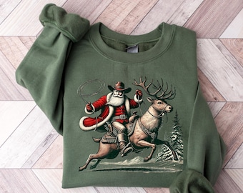 Cowboy Santa Rodeo Christmas Sweatshirt, Western Retro Holiday