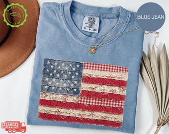 Comfort Colors® Faux Patchwork American Flag Shirt, Vintage USA Patriotic Tee