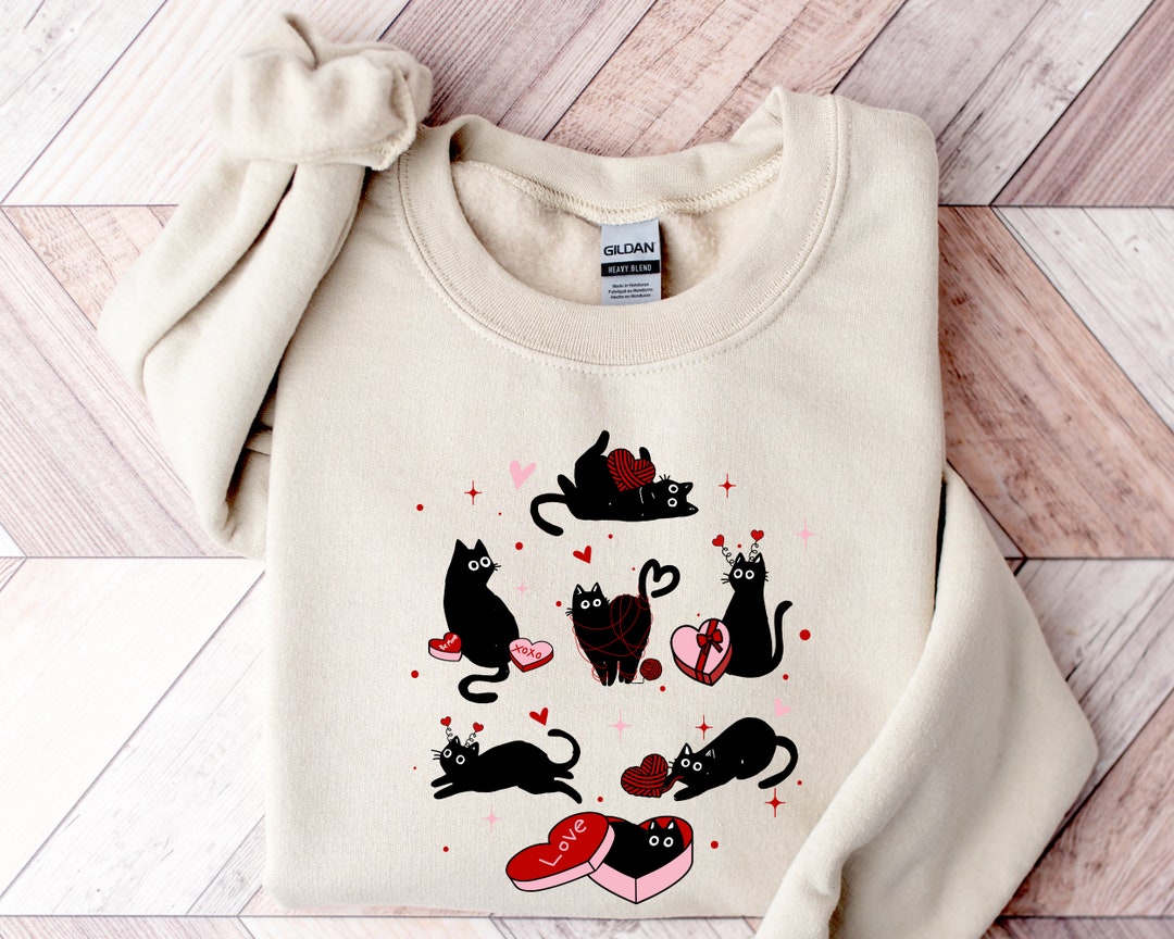 Valentine Black Cat Sweatshirt, Black Cat Love Shirt, Kitten Valentine