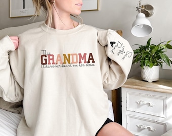 Grandma Heart on Sleeve Sweatshirt, Custom Kids Names, Mother's Day Gift