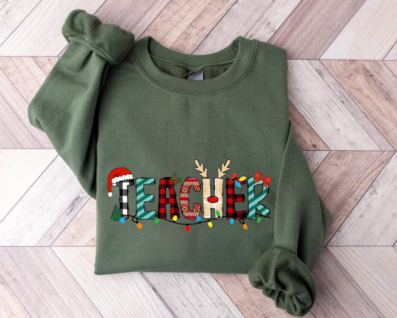 Teacher Christmas Sweatshirt, Buffalo Plaid, Xmas Gift zdjęcie 3