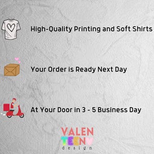text and icons related to a business, including high-quality printing and soft shirts, an order ready next day, and a delivery at the door in 3-5 business days.