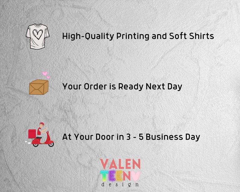 text and icons related to a business, including high-quality printing and soft shirts, an order ready next day, and a delivery at the door in 3-5 business days.