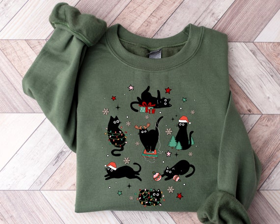 Cat Ugly Sweater Xmas Christmas Black Cat Sweatshirt, Black Cat