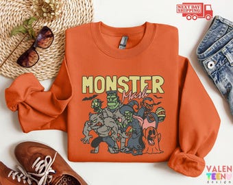 Retro Halloween Monster Mash Graphic Sweatshirt, Oversized Fall Hoodie