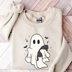 Cute Ghost Halloween Sweatshirt, Black Cat Halloween Sweatshirt, Ghost and Black Cat Halloween Shirt, Spooky Season, Womens Halloween Shirt