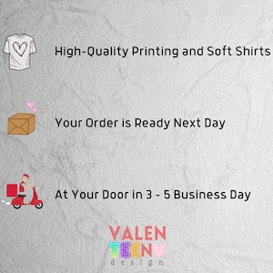 text and icons related to a business, including high-quality printing and soft shirts, an order ready next day, and a delivery at the door in 3-5 business days.