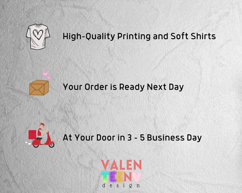 text and icons related to a business, including high-quality printing and soft shirts, an order ready next day, and a delivery at the door in 3-5 business days.
