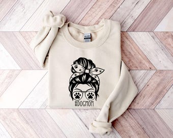 Dog Mom Messy Bun Sweatshirt, Paw Print Glasses Pullover, Dog Lover Gift