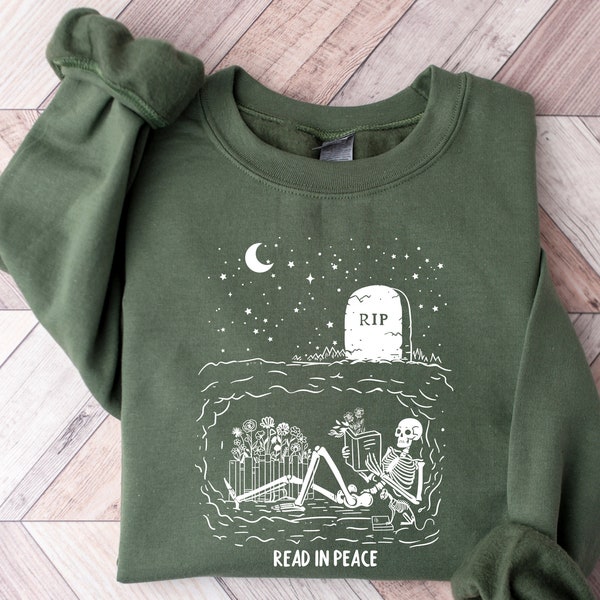 Read In Peace Halloween Sweatshirt, Skeleton Reading Halloween Sweatshirt, Halloween Librarian, Halloween Shirt, Teacher Gift, Boo School