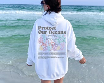 Sudadera o sudadera con capucha "Protejamos nuestros océanos", con estampado de vida marina.