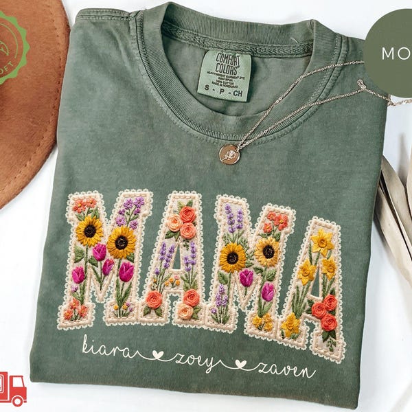 Comfort Colors® Personalized Mama Shirt With Kids Names Faux Embroidery Effect Mama Gift For Mothers Day Custom Mom Gift,Not Real Embroidery