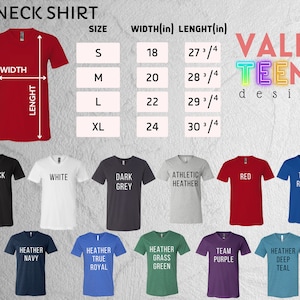 以下が含まれることがあります： VネックTシャツのモックアップを様々なカラーでご覧いただけます。ブラック、ホワイト、ダークグレー、アスレチックヘザー、レッド、トゥルーロイヤル、ヘザーネイビー、ヘザー トゥルーロイヤル、ヘザーグラスグリーン、チームパープル、ヘザーディープティールなどがあります。サイズチャートには、幅と長さの寸法がインチで表示されています。テキスト「VALEN TEEN design」はカラフルなフォントで表示されています。