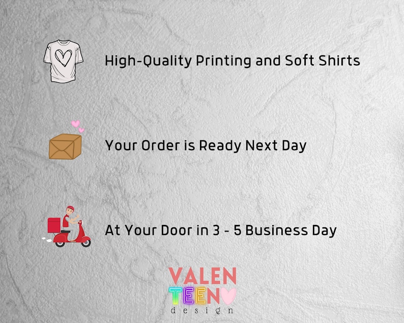 four icons representing different aspects of online shopping, including high-quality printing and soft shirts, an order being ready for pickup, and a delivery service at a door in 3-5 business days.