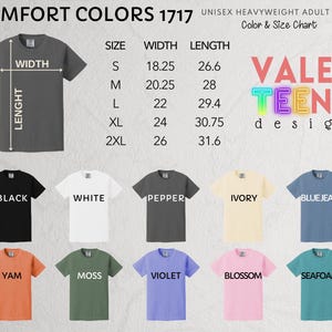 The image displays a collection of adult t-shirts in various colors and sizes, along with a color and size chart.