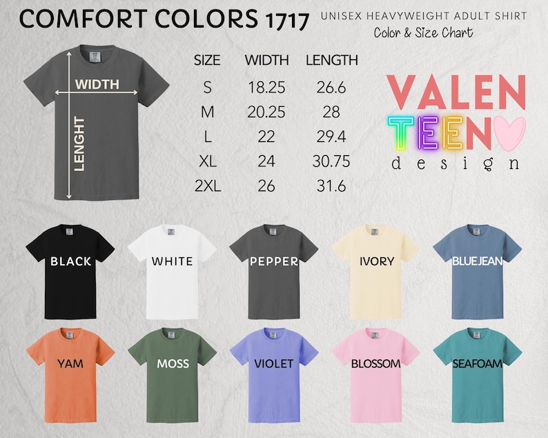 The image displays a collection of adult t-shirts in various colors and sizes, along with a color and size chart.
