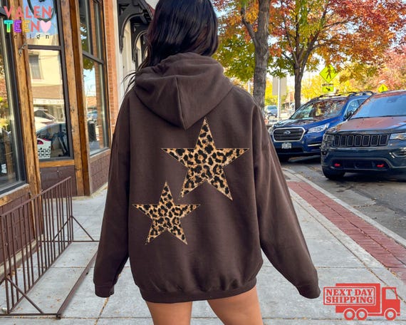Cheetah Star Print Oversized Hoodie, Trendy Leopard Stars Sweatshirt