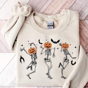 Pumpkin Skeleton Dancing Sweatshirt, Halloween Graphic Sweater