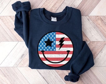 Retro Smiley Face Sweatshirt, Vintage 4th of July USA Patriotic Crewneck