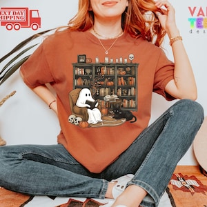 Comfort Colors® Retro Ghost Reading Shirt, Halloween Librarian Tee