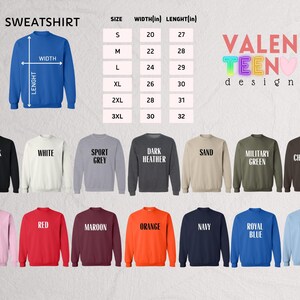 a collection of sweatshirts in various colors and sizes, along with size and width measurements.