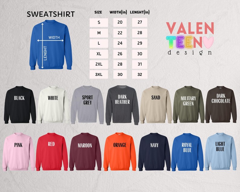 a collection of sweatshirts in various colors and sizes, along with size and width measurements.