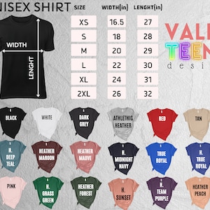 以下が含まれることがあります： ユニセックスTシャツのサイズチャートで、インチで測定されています。チャートは、XSから2XLまでのさまざまなサイズで、シャツの幅と長さを示しています。チャートは、黒、白、ダークグレー、アスレチックヘザー、赤、タン、ディープティール、ヘザーマロン、ヘザーモーブ、ミッドナイトネイビー、トゥルーロイヤル、グラスグリーン、ヘザーフォレスト、サンセット、チームパープル、ヘザーピーチなど、さまざまなTシャツの色で囲まれています。