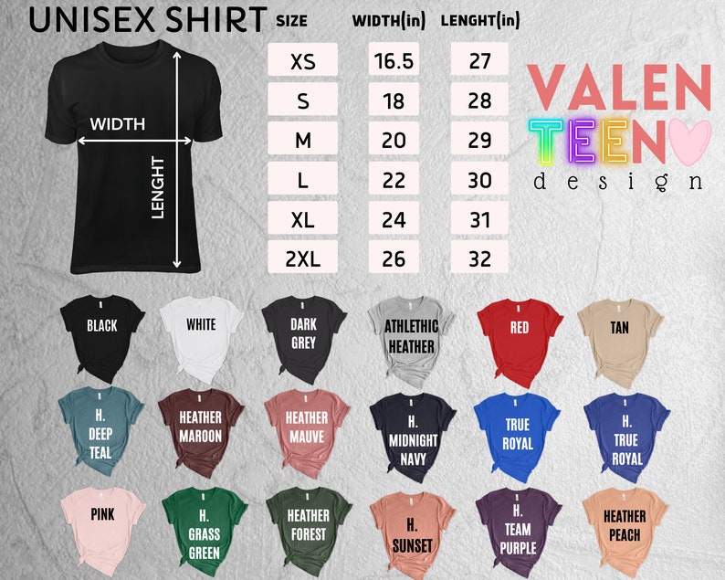 以下が含まれることがあります： ユニセックスTシャツのサイズチャートで、インチで測定されています。チャートは、XSから2XLまでのさまざまなサイズで、シャツの幅と長さを示しています。チャートは、黒、白、ダークグレー、アスレチックヘザー、赤、タン、ディープティール、ヘザーマロン、ヘザーモーブ、ミッドナイトネイビー、トゥルーロイヤル、グラスグリーン、ヘザーフォレスト、サンセット、チームパープル、ヘザーピーチなど、さまざまなTシャツの色で囲まれています。