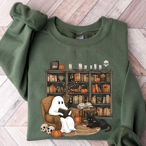 Retro Ghost Reading Sweatshirt, Halloween Librarian Teacher Gift