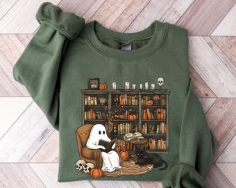 Retro Ghost Reading Sweatshirt, Halloween Librarian Teacher Gift