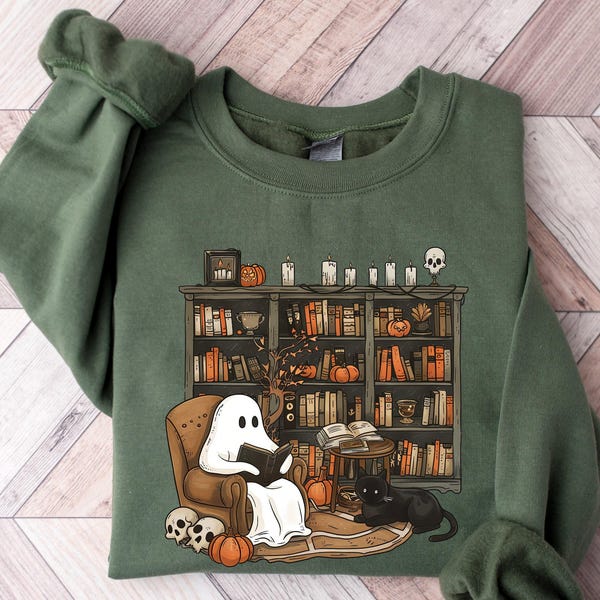 Retro Ghost Reading Sweatshirt, Halloween Librarian Teacher Gift