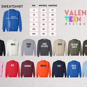 a collection of sweatshirts in various colors and sizes, along with size and width measurements.
