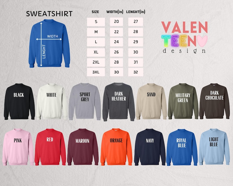 a collection of sweatshirts in various colors and sizes, along with size and width measurements.