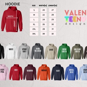 a collection of hoodie designs in various colors and sizes, along with their corresponding measurements.