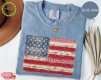 Comfort Colors® Faux Patchwork American Flag Shirt, Vintage USA Patriotic Tee