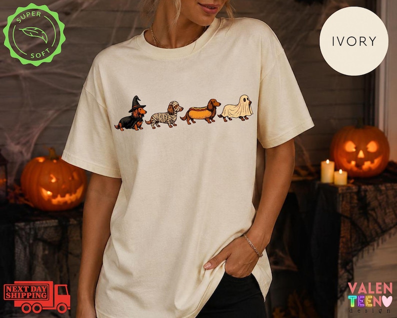 Halloween Dachshund Costumes Comfort Colors® Shirt, Spooky Wiener Dog Graphic Tee immagine 3