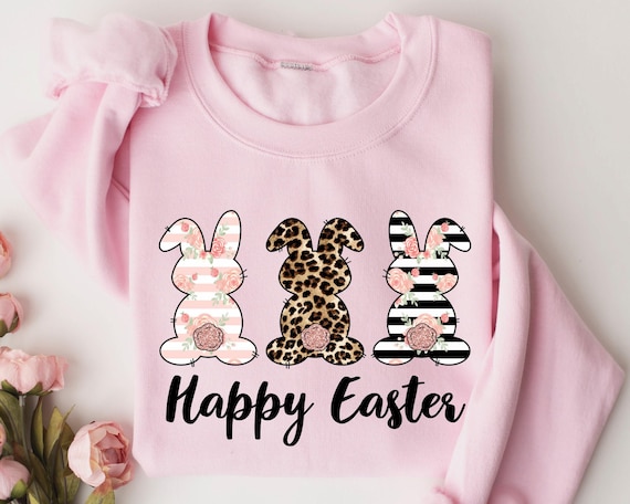 Happy Easter Bunny Sweatshirt, Floral Leopard Print