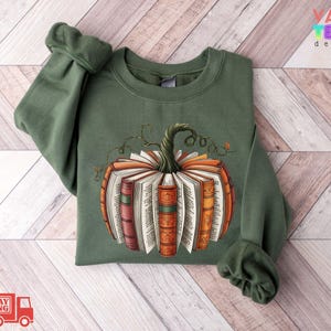 Fall Book Pumpkin Sweatshirt, Halloween Book Lover Sweater image 1
