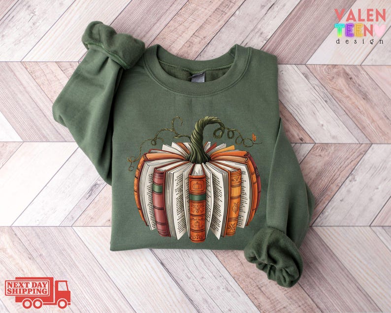 Fall Book Pumpkin Sweatshirt, Halloween Book Lover Sweater image 1