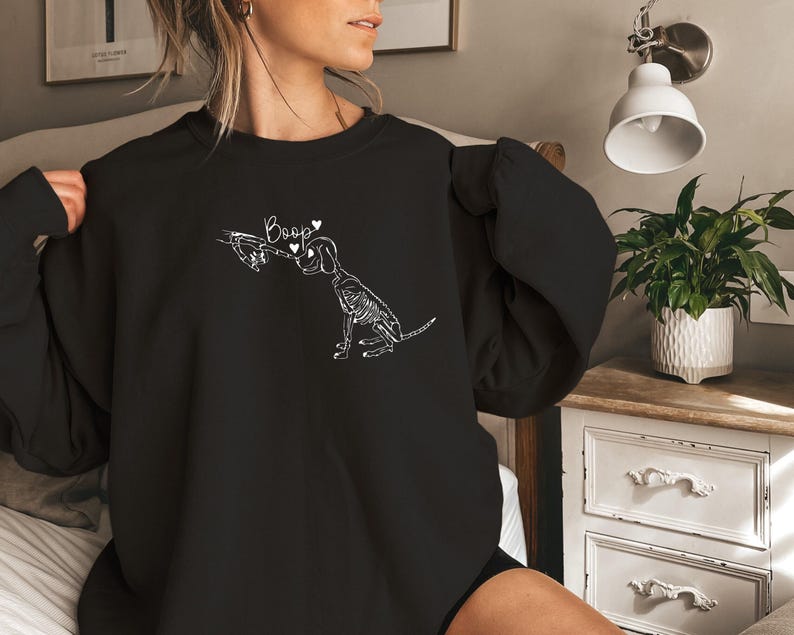 Boop Dog Skeleton Halloween Sweatshirt, Hand Graphic Sweater image 3
