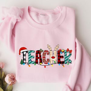 Teacher Christmas Sweatshirt, Buffalo Plaid, Xmas Gift zdjęcie 2