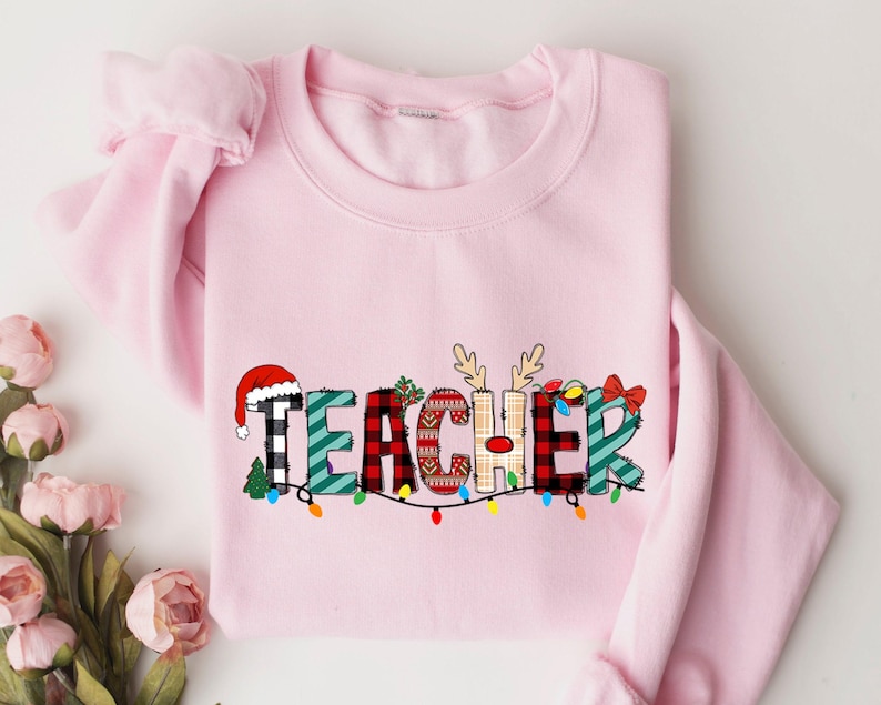 Teacher Christmas Sweatshirt, Buffalo Plaid, Xmas Gift zdjęcie 2