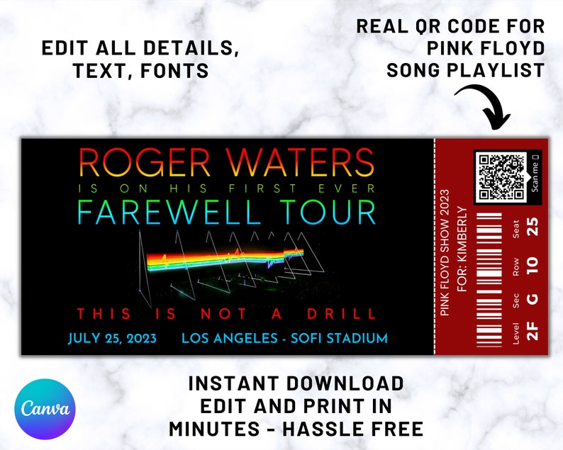 Editable Pink Floyd Tour 2023 Concert Ticket Pink Floyd Etsy