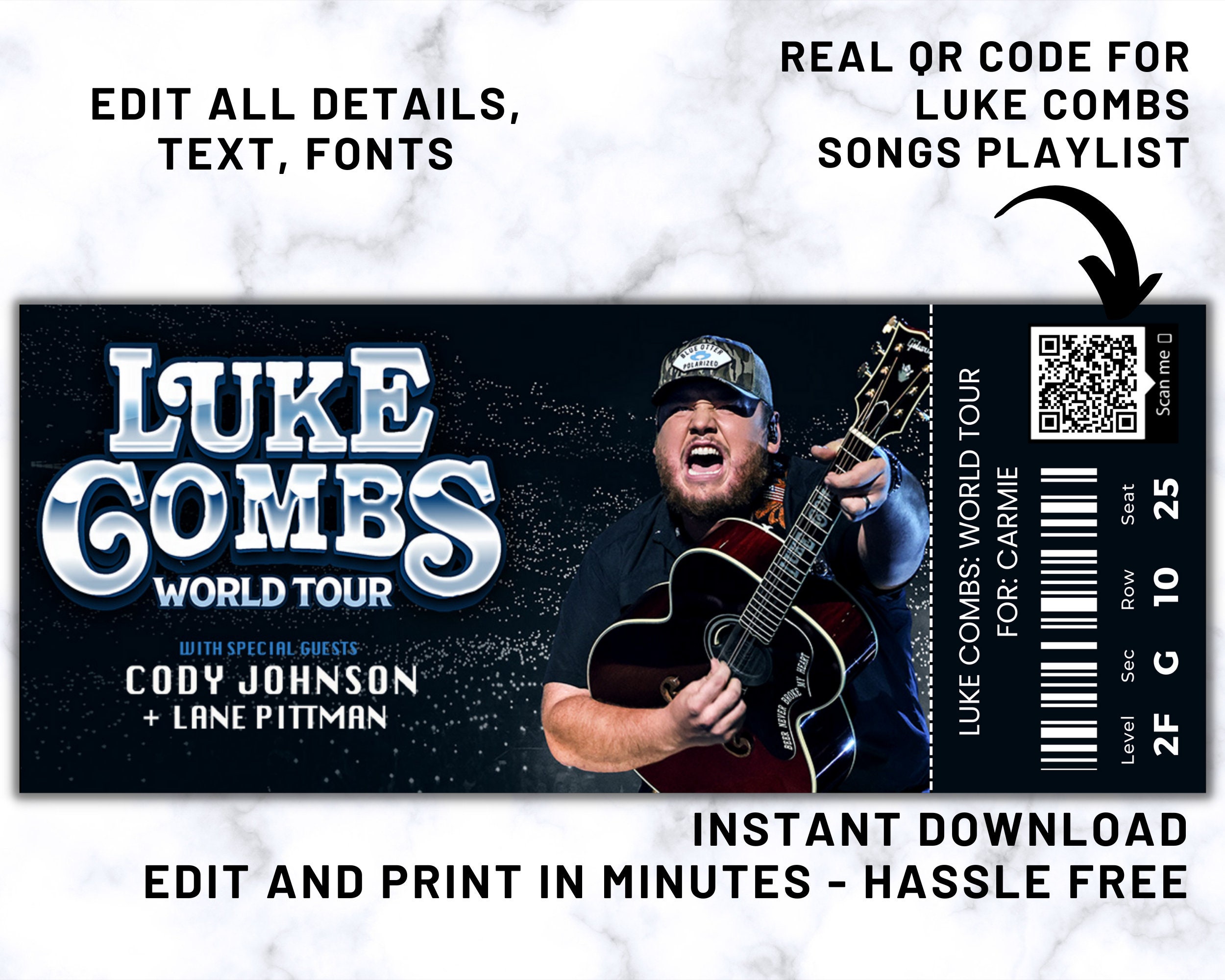 Luke Combs World Tour Ticket Luke Combs Ticket Canva Fully Etsy